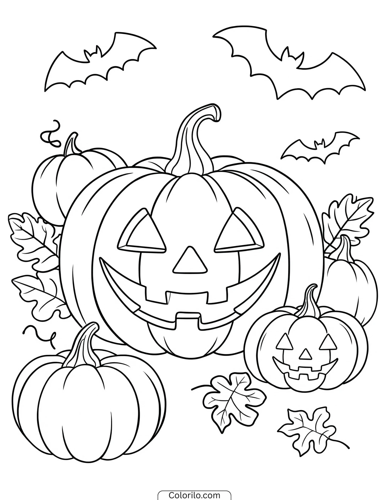 Smiling jack-o'-lanterns with bats overhead coloring page