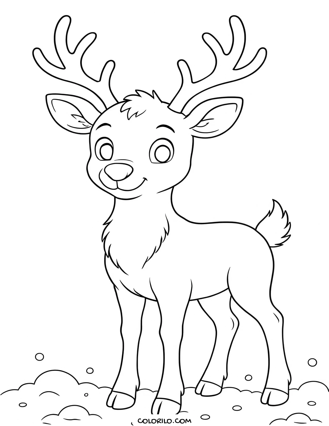 A smiling reindeer standing in the snow coloring page