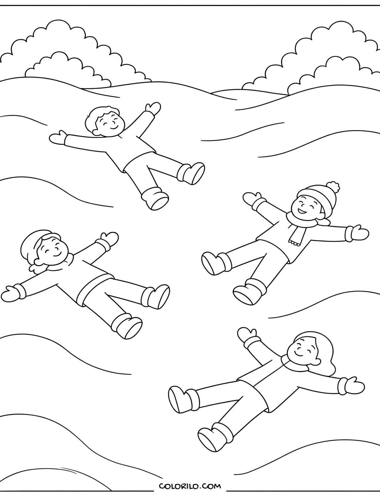 Children making snow angels coloring page