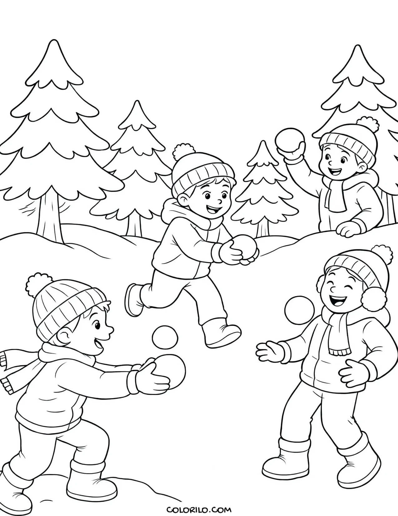 Friends having a snowball fight coloring page