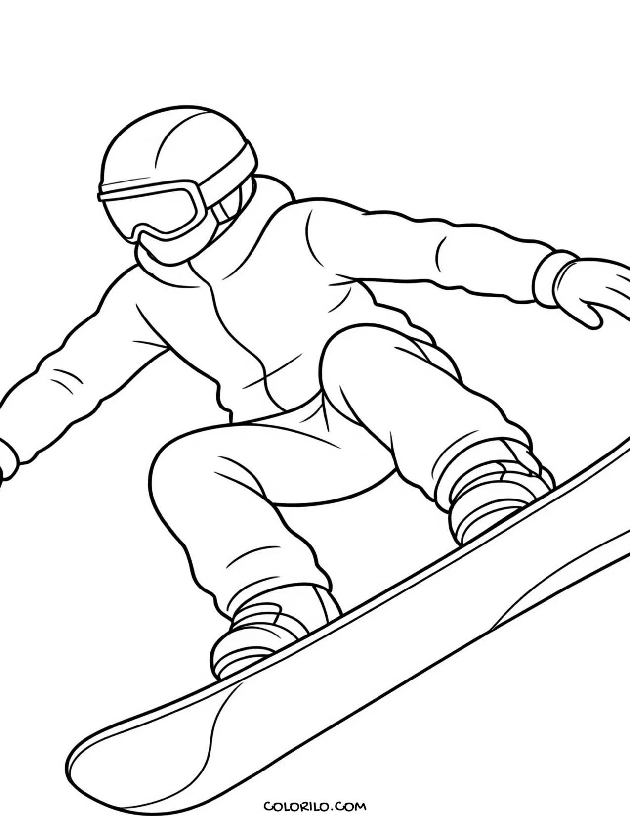 A snowboarder caught mid-jump coloring page