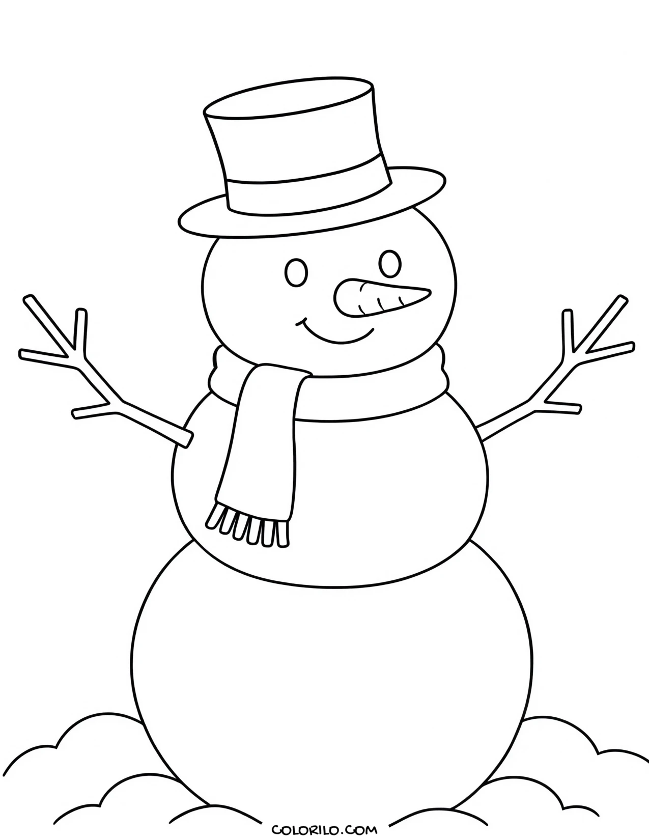 A snowman wearing a top hat coloring page