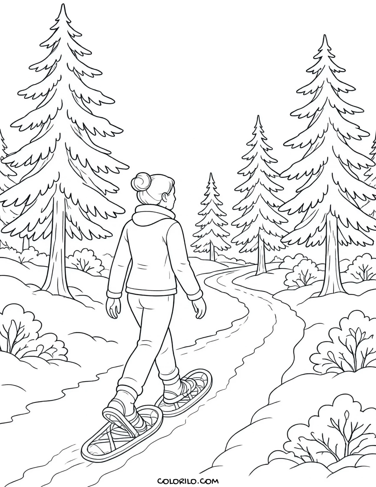 Snowshoeing along a forest path coloring page