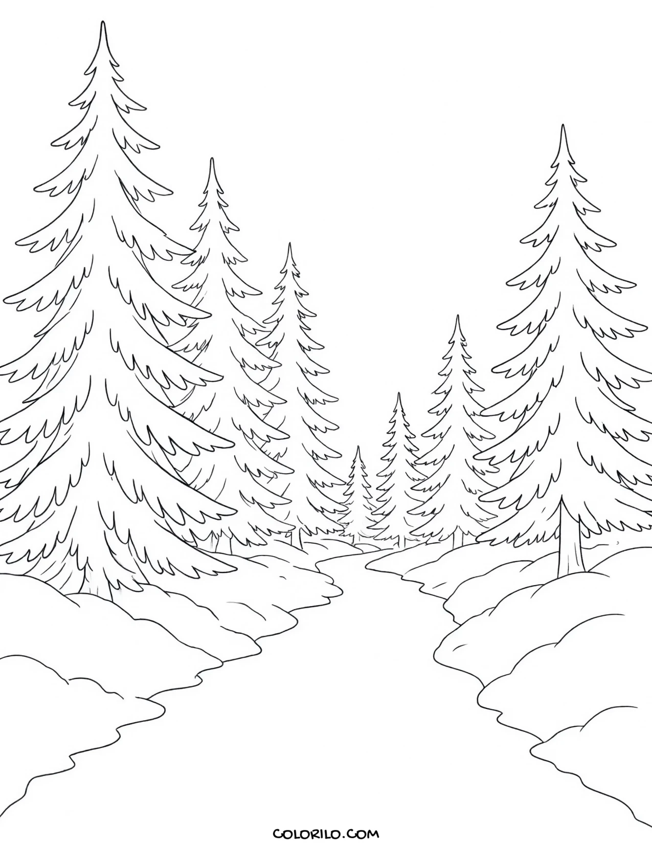 A path through a snowy forest coloring page