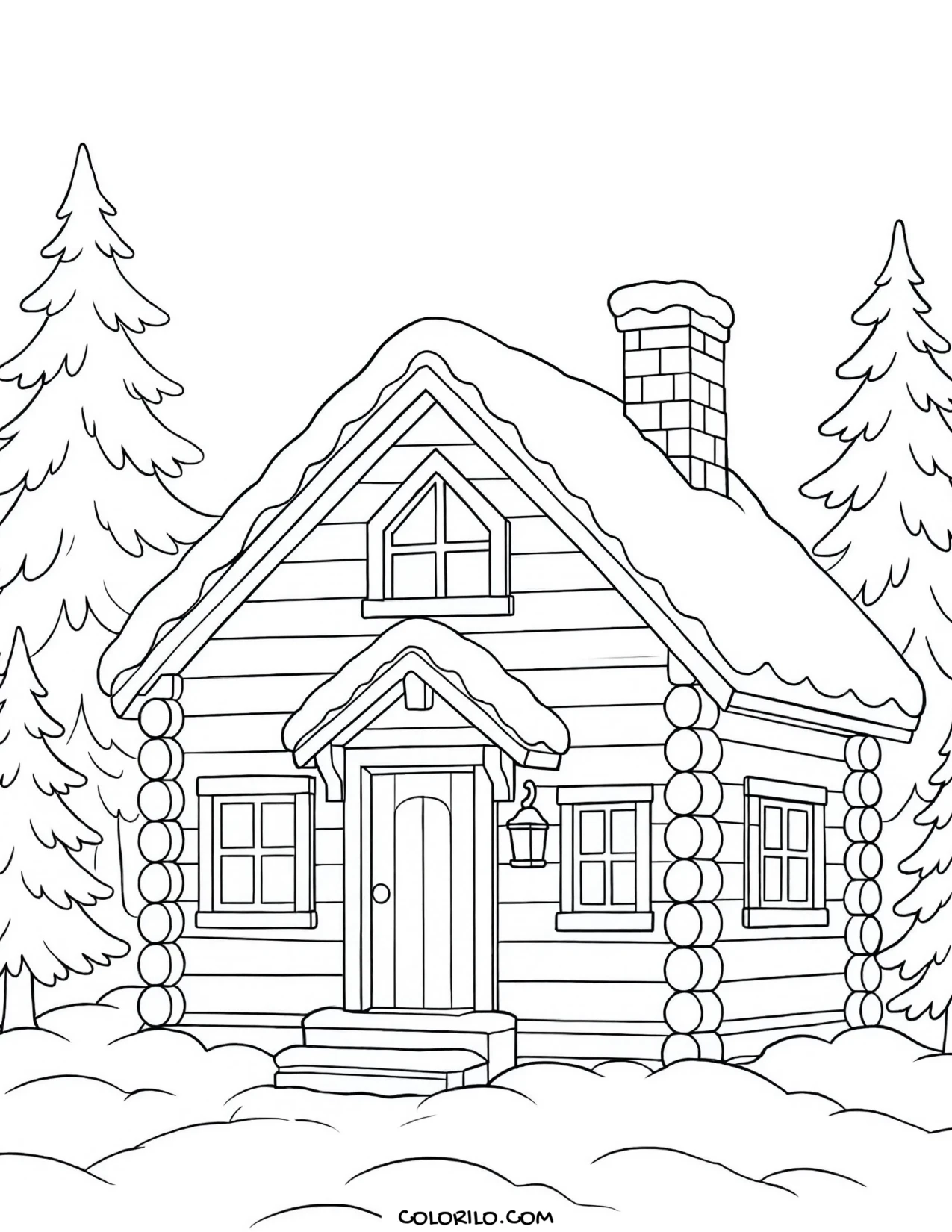 A log cabin under snow coloring page
