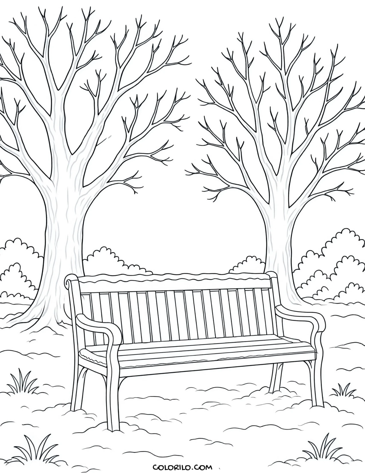 A park bench under fresh snow coloring page