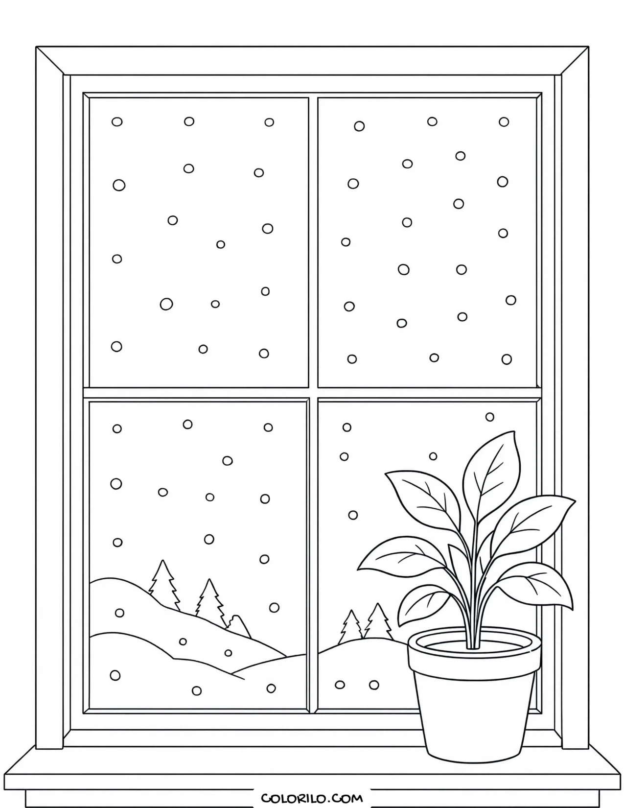 A houseplant beside a snowy window coloring page