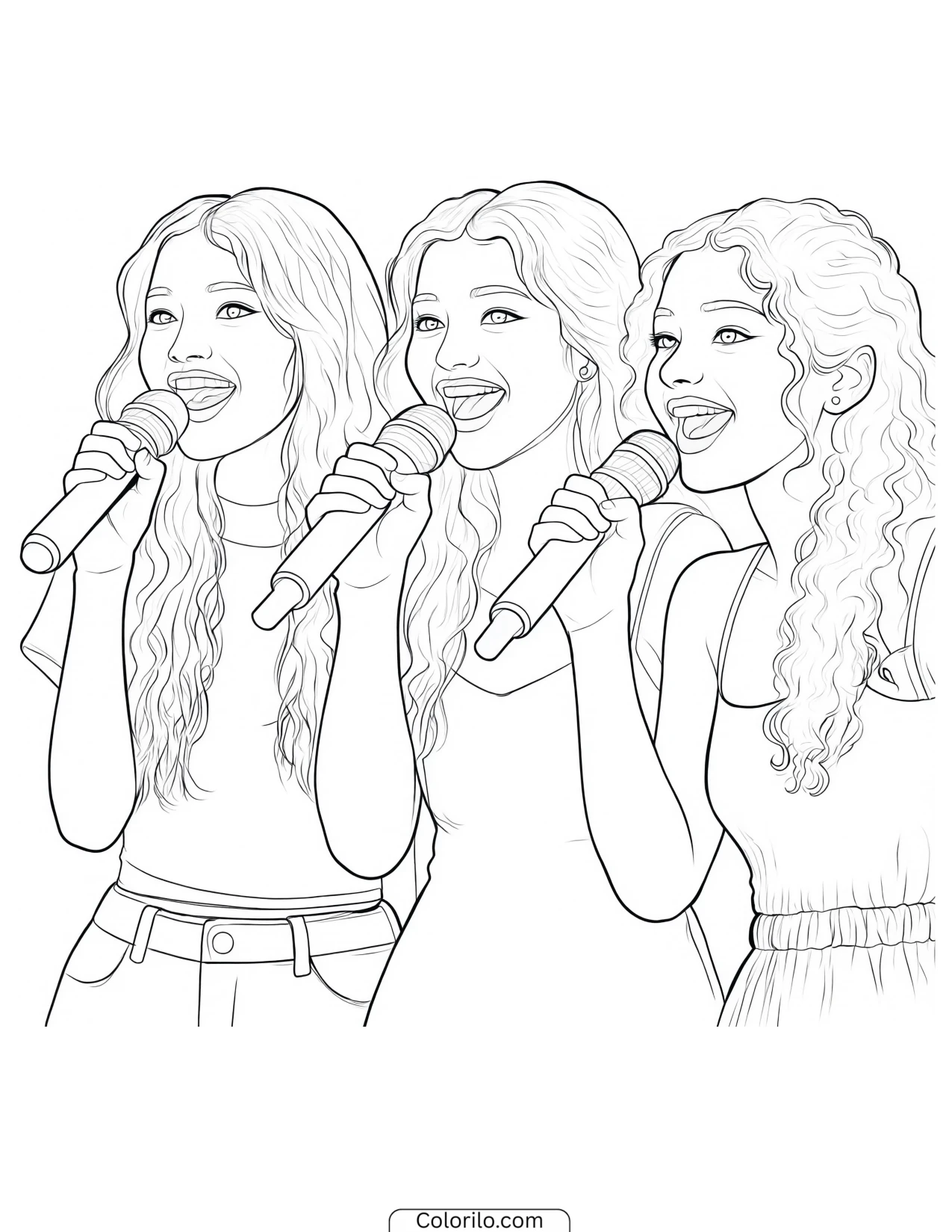 Sophia, Lara and Manon of KATSEYE singing in harmony coloring page