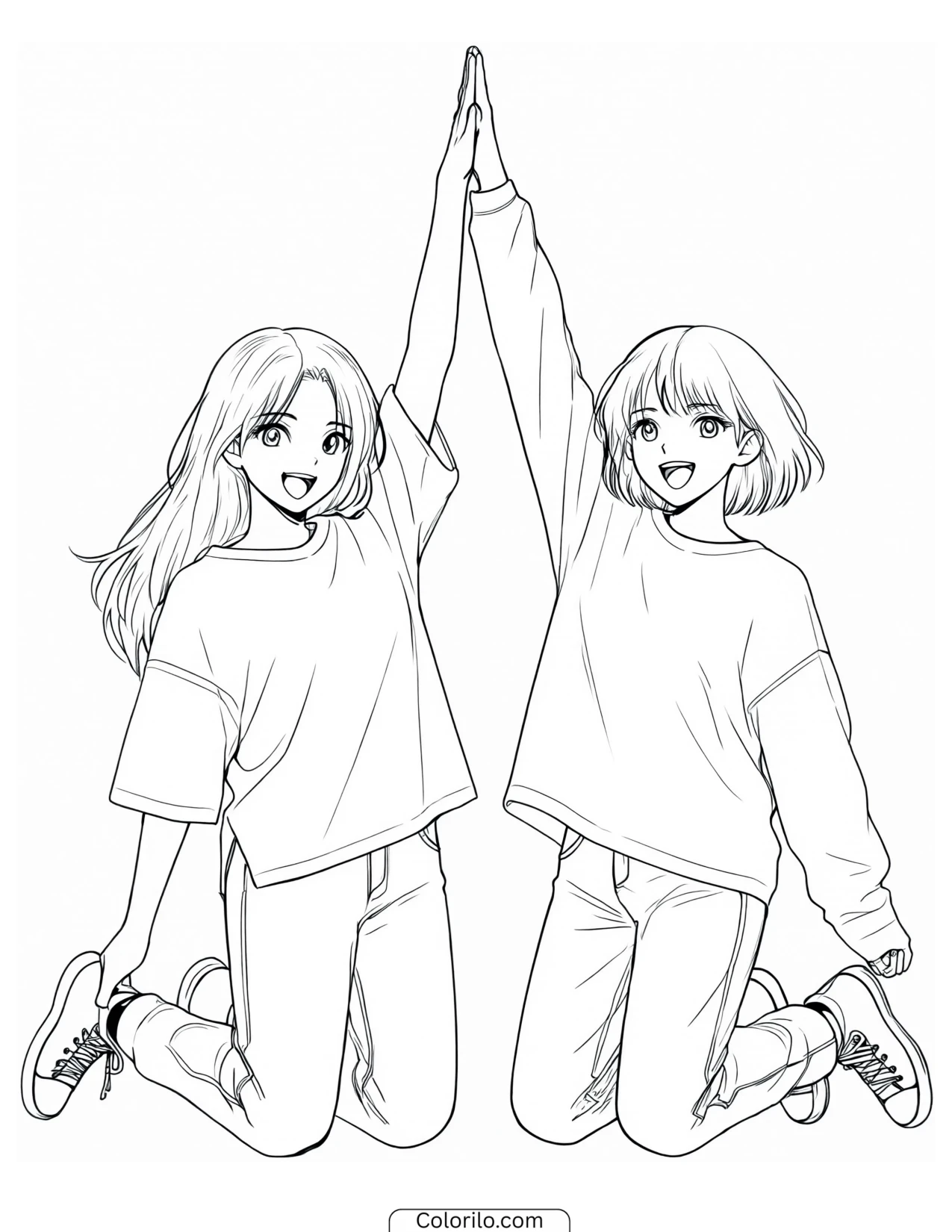 Sophia and Megan of KATSEYE sharing a high five coloring page