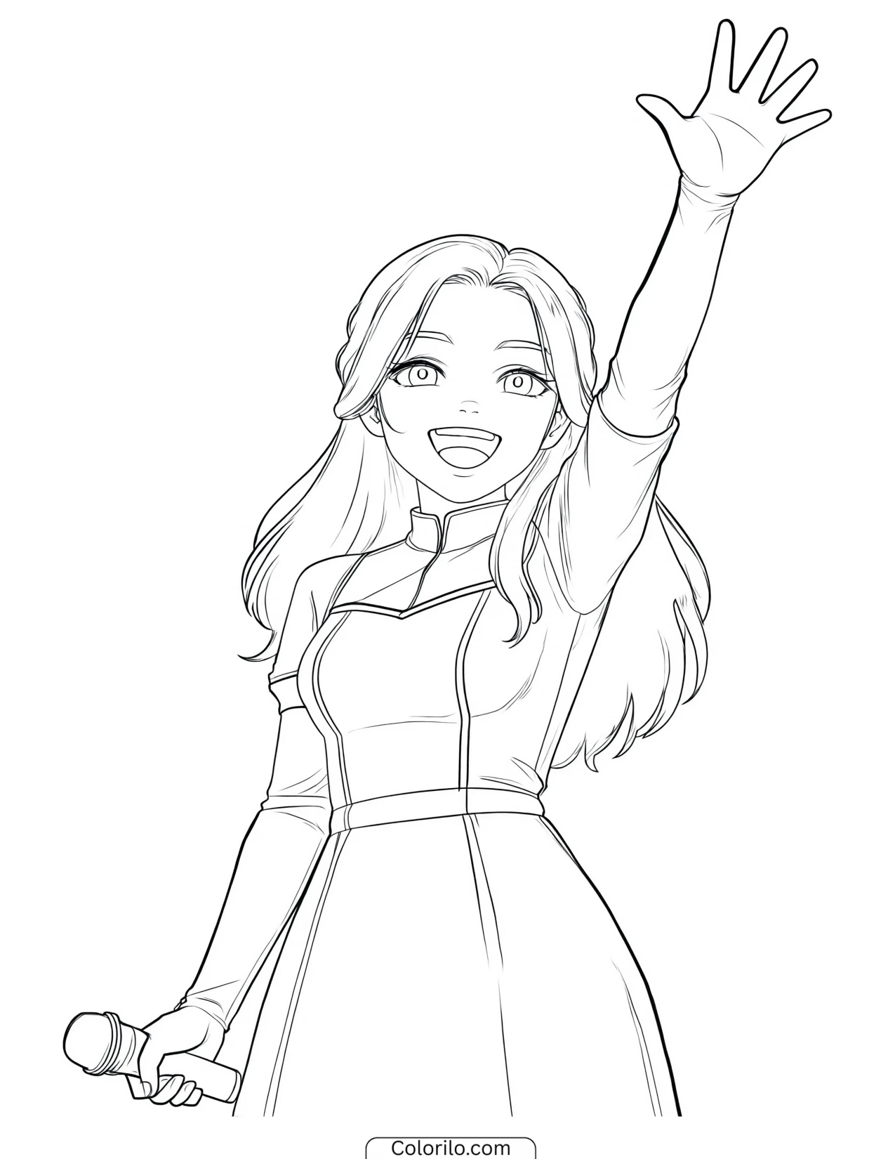 Sophia of KATSEYE in a mic-drop style ending pose coloring page