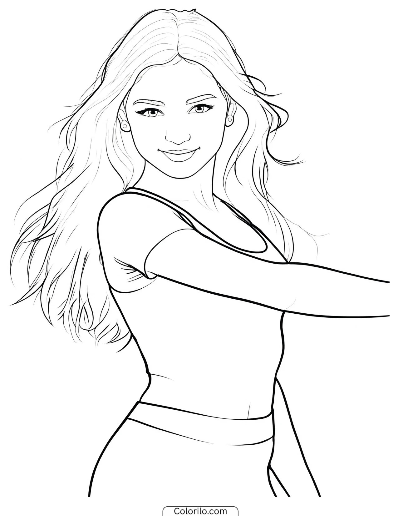 Sophia of KATSEYE mid-spin with her hair flowing coloring page