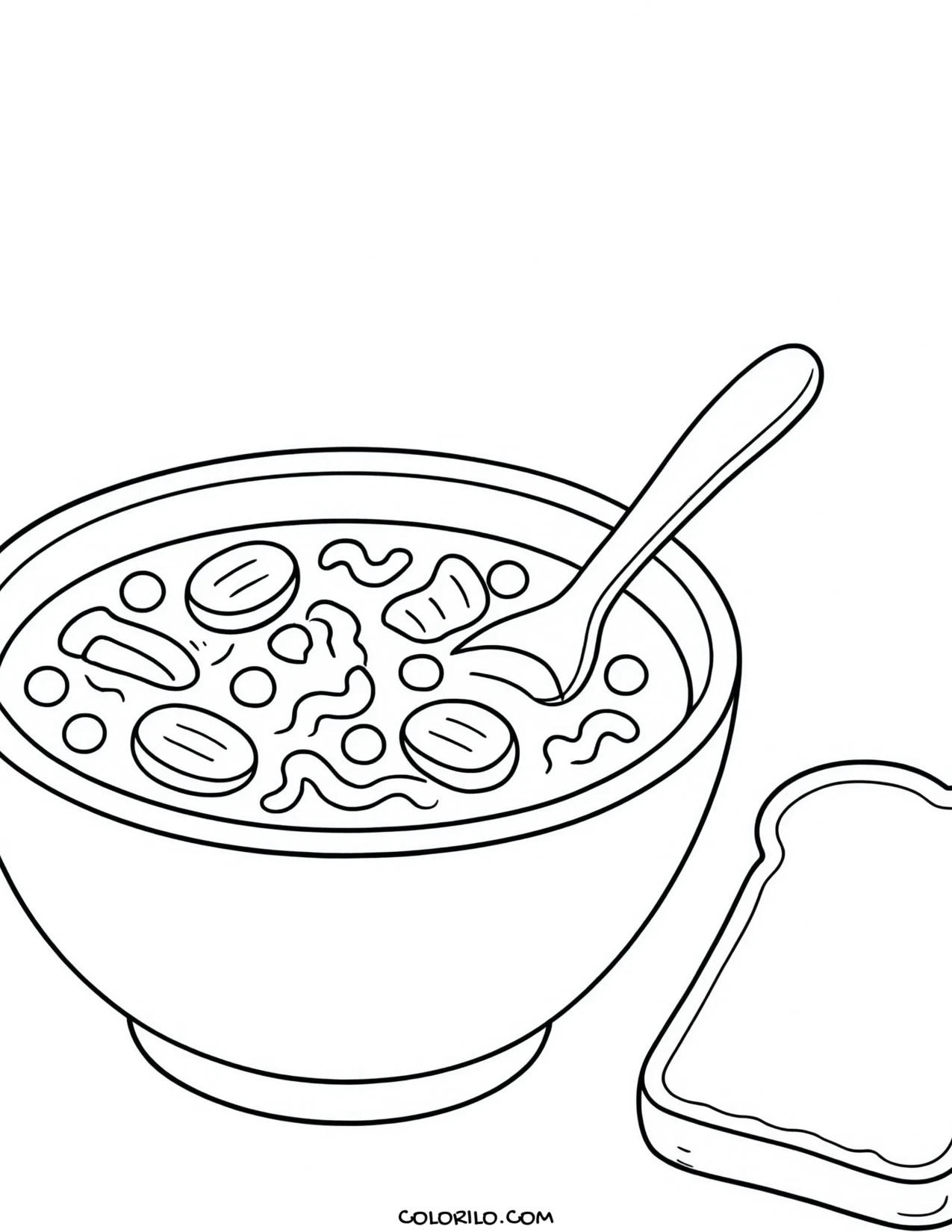 A bowl of soup with a spoon and bread coloring page