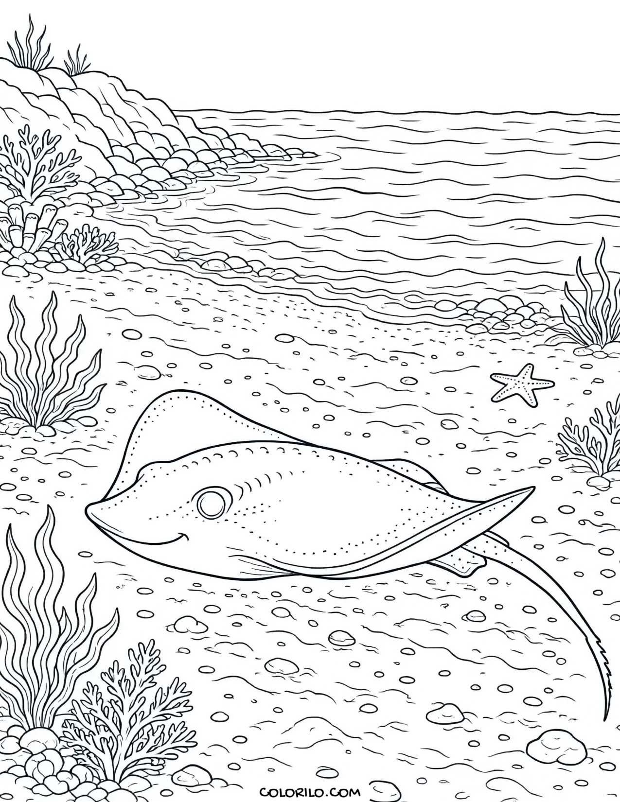 A southern stingray on a sandy bay floor coloring page