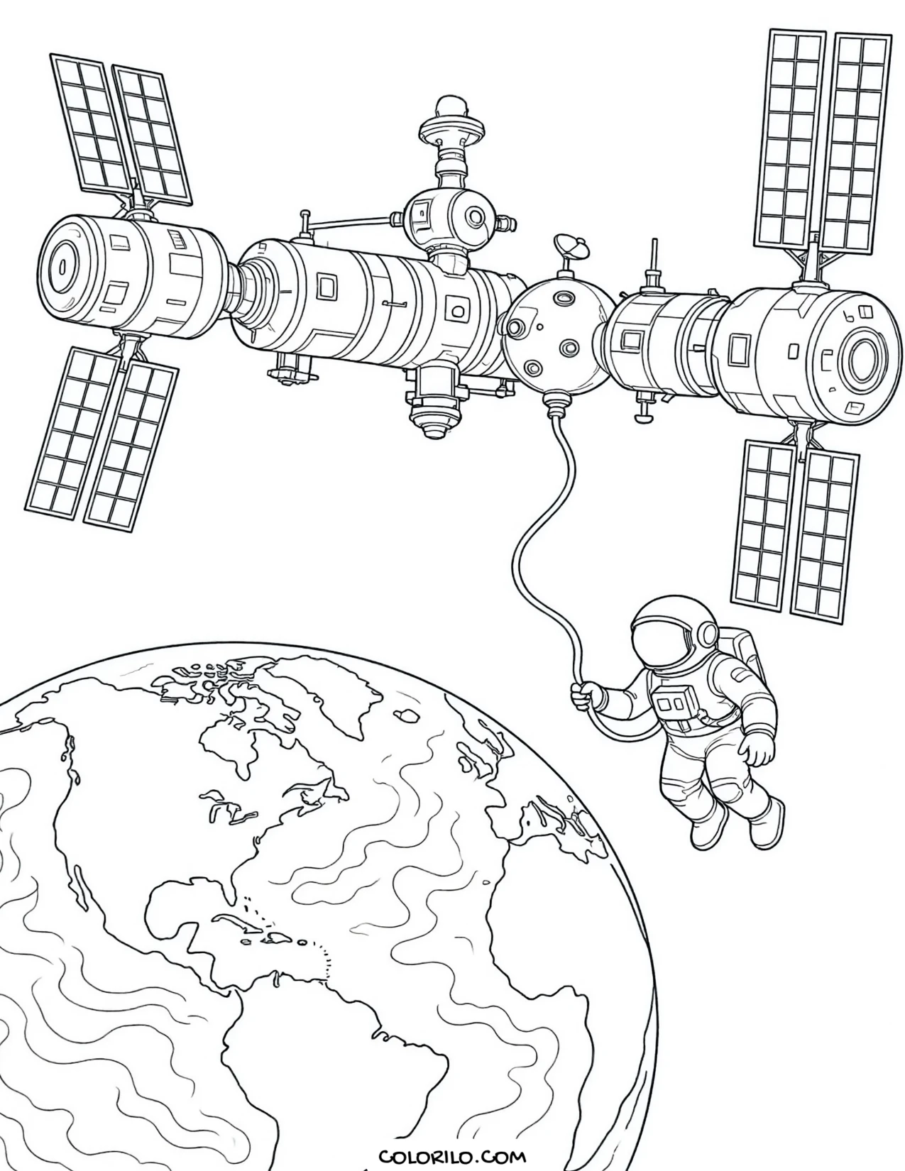 A space station orbiting above Earth coloring page