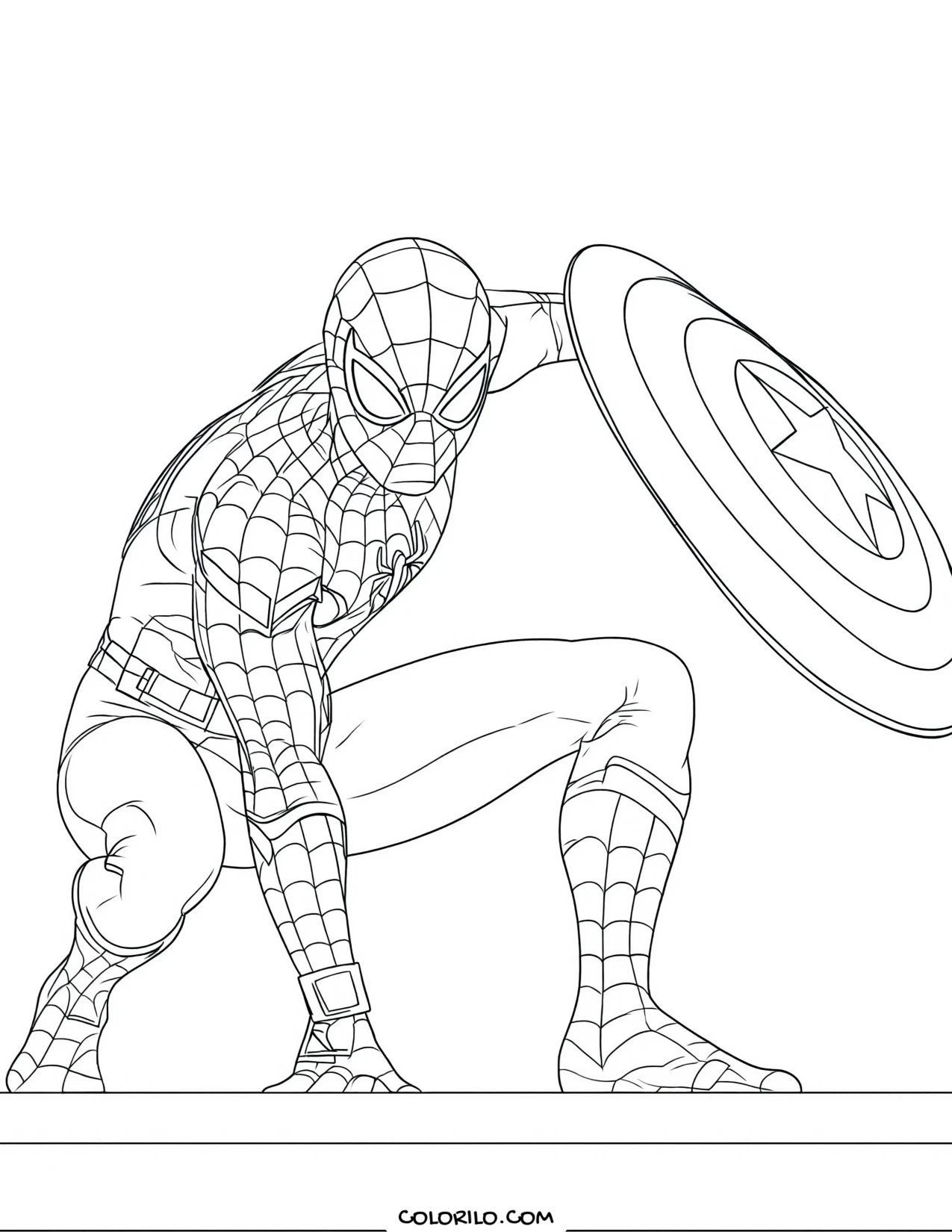 Spider-Man holding Captain America's shield coloring page