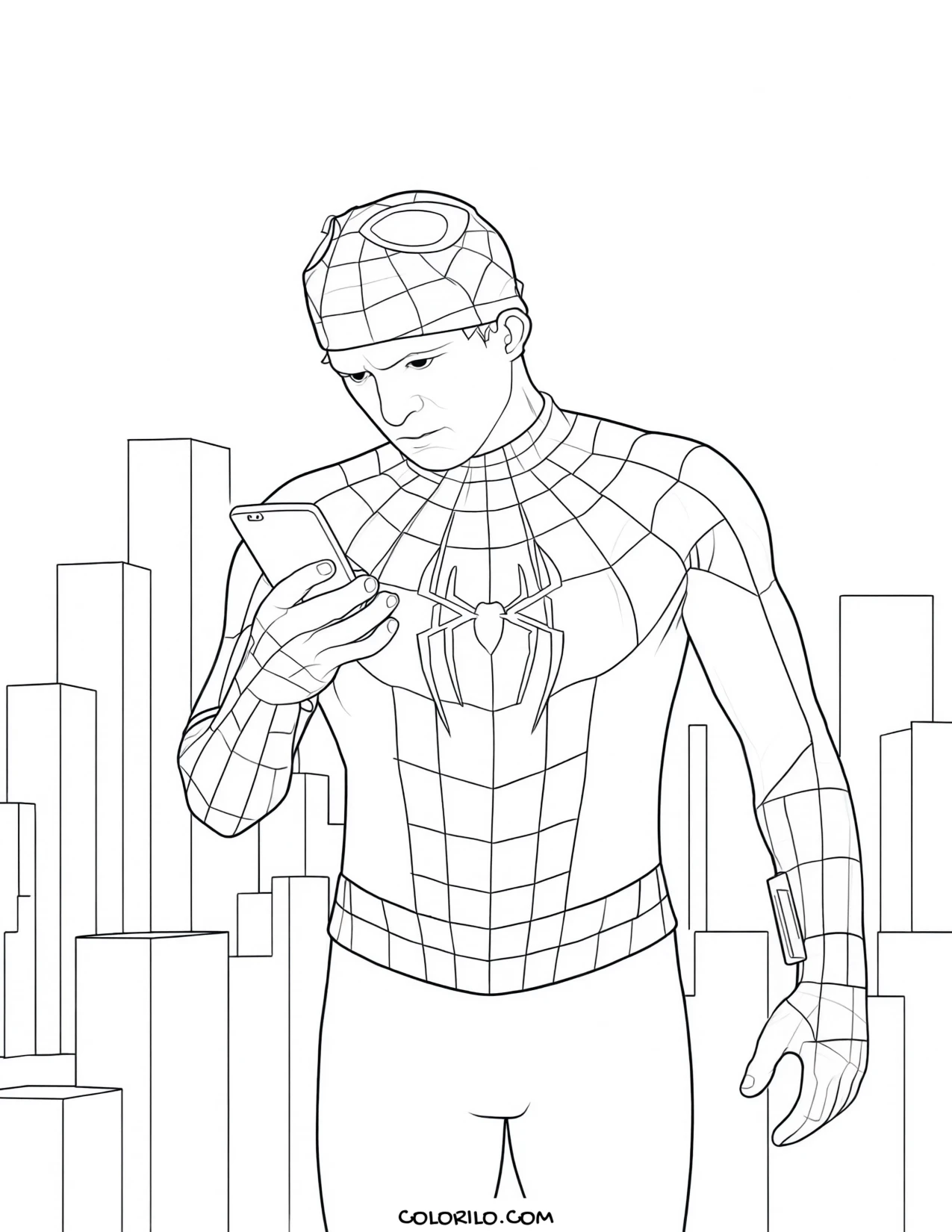 Spider-Man checking his phone coloring page