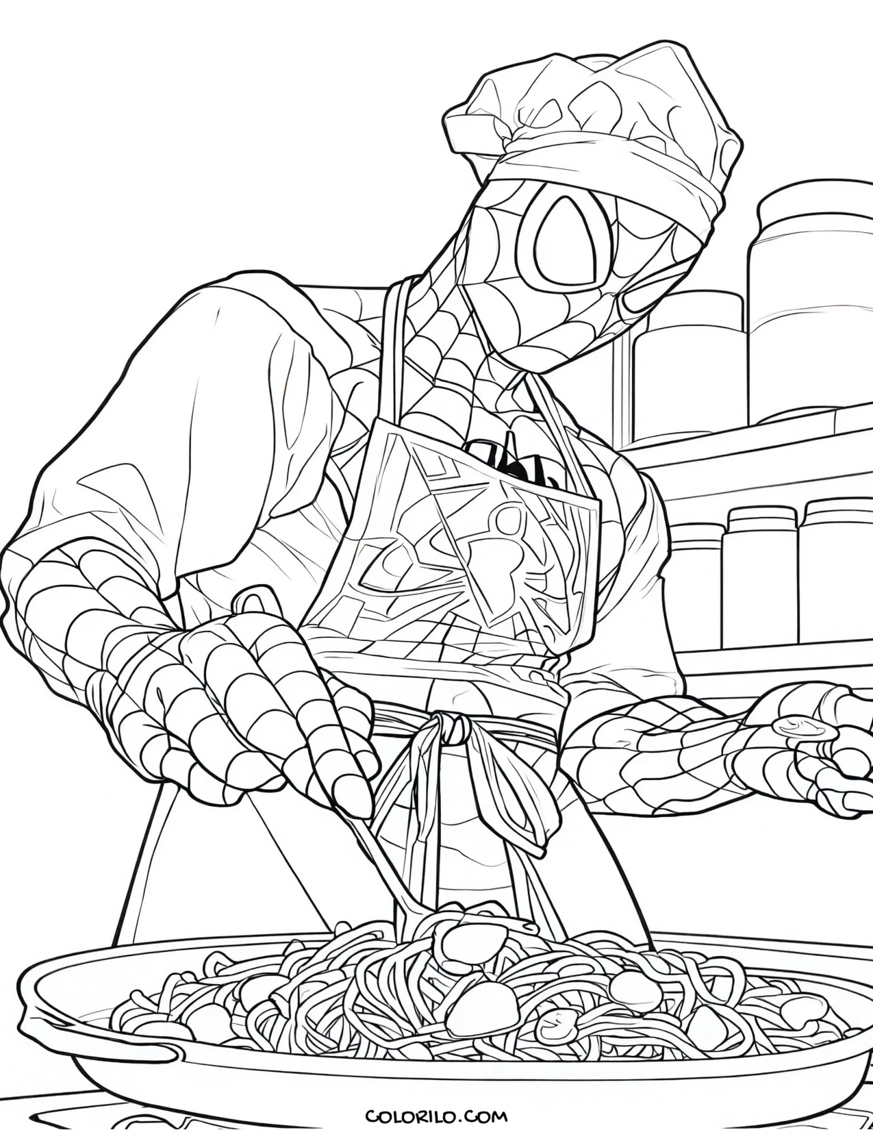 Spider-Man cooking a pan of pasta coloring page