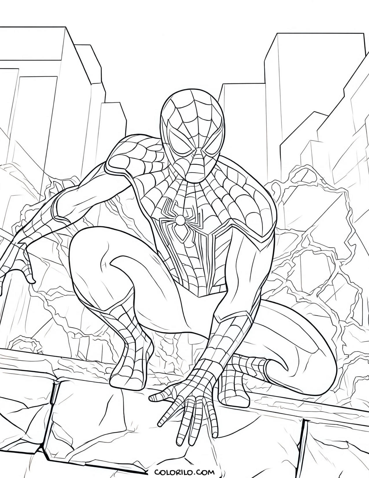 Spider-Man crouched on a building ledge coloring page