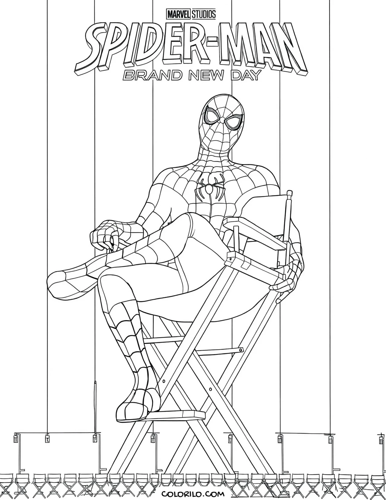 Spider-Man sitting in a director's chair coloring page