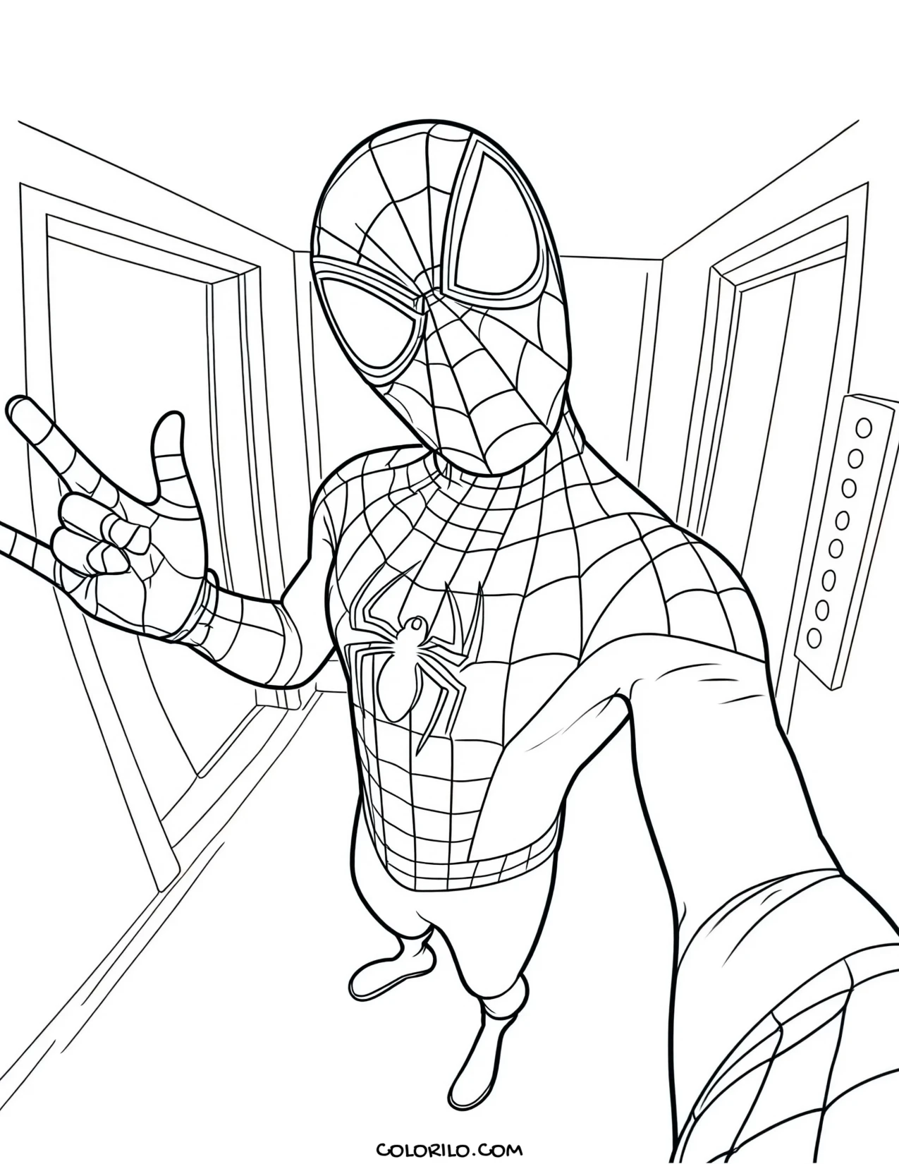 Spider-Man taking a selfie in a lift coloring page