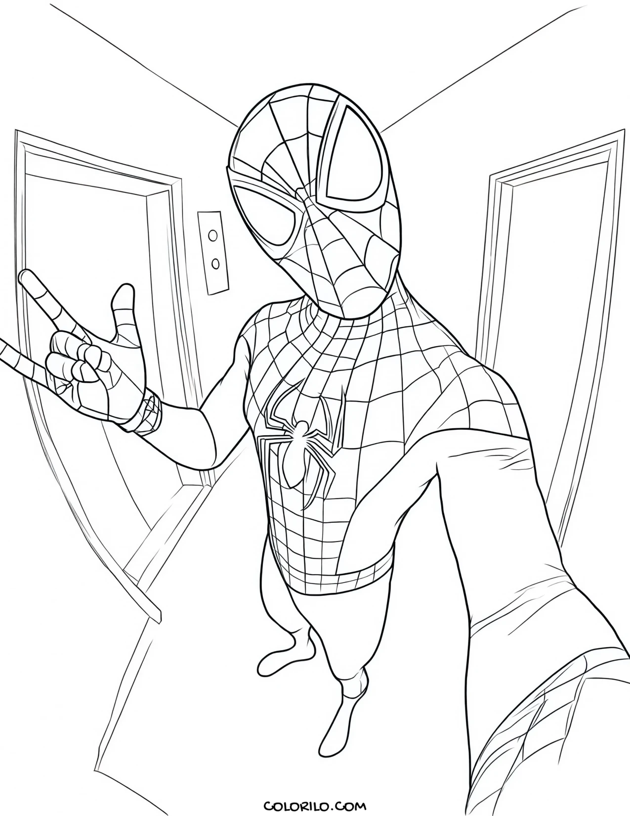 Spider-Man taking a selfie in a hallway coloring page