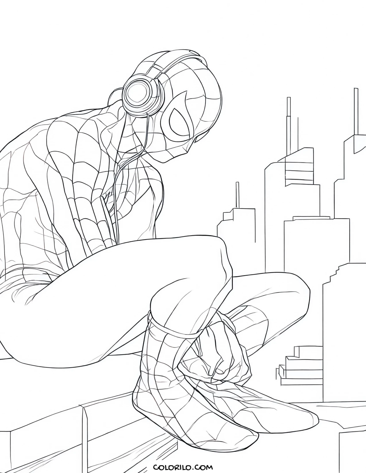 Spider-Man sitting down wearing headphones coloring page