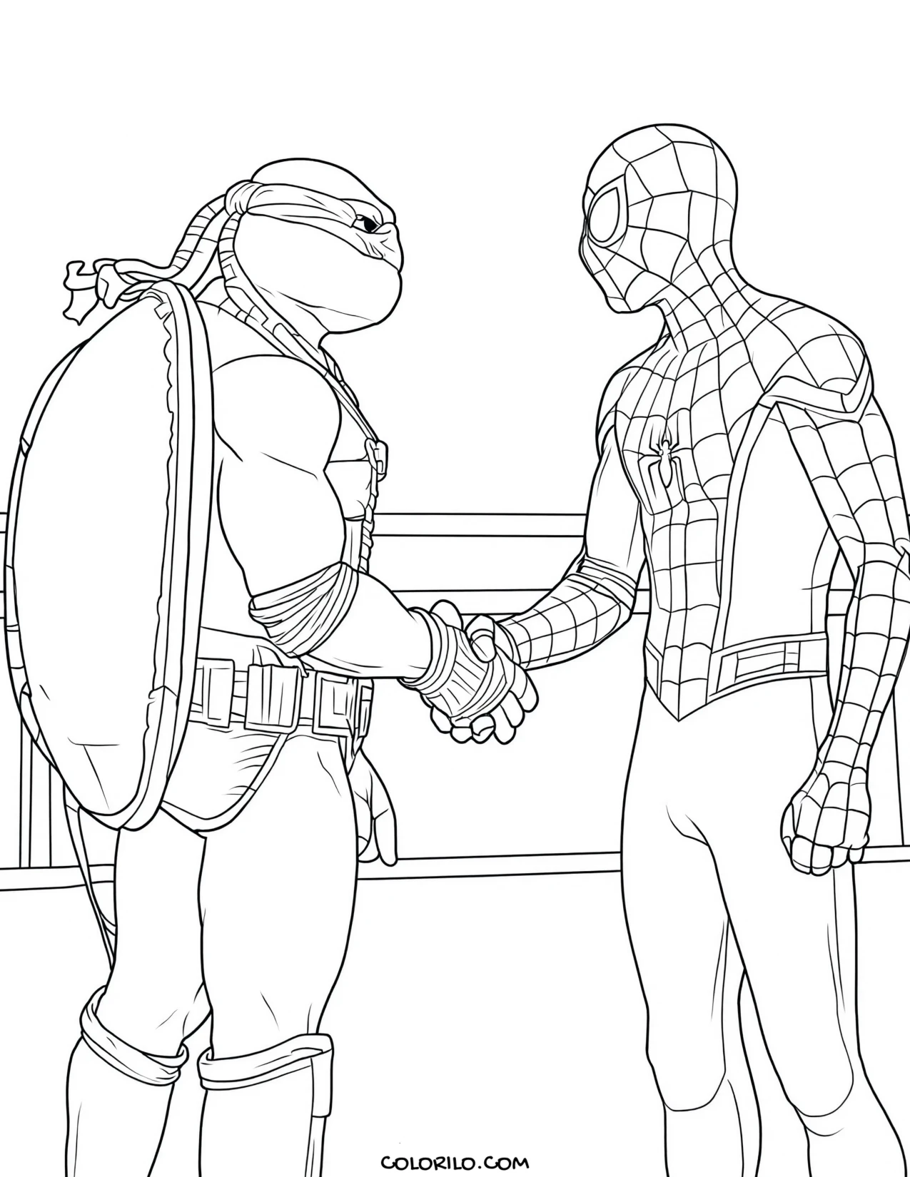 Spider-Man alongside a ninja turtle coloring page