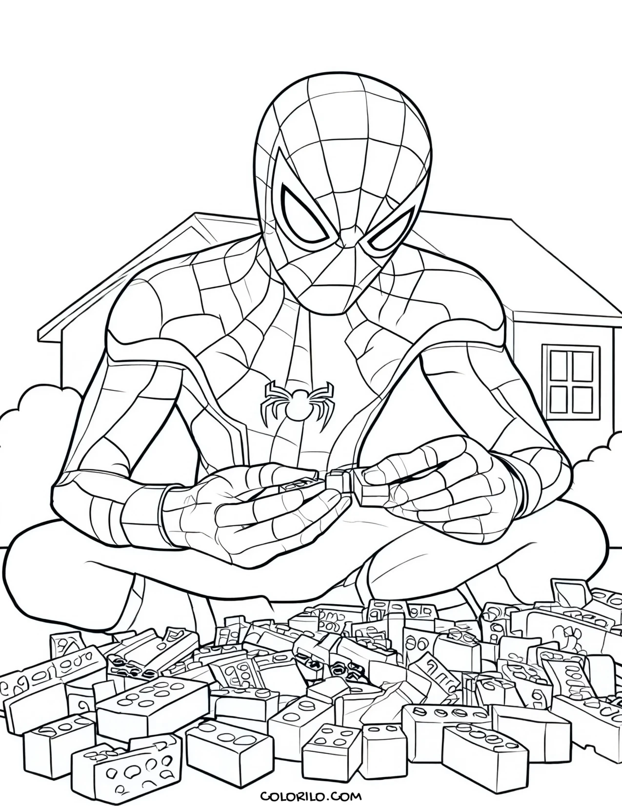 Spider-Man playing with building blocks coloring page