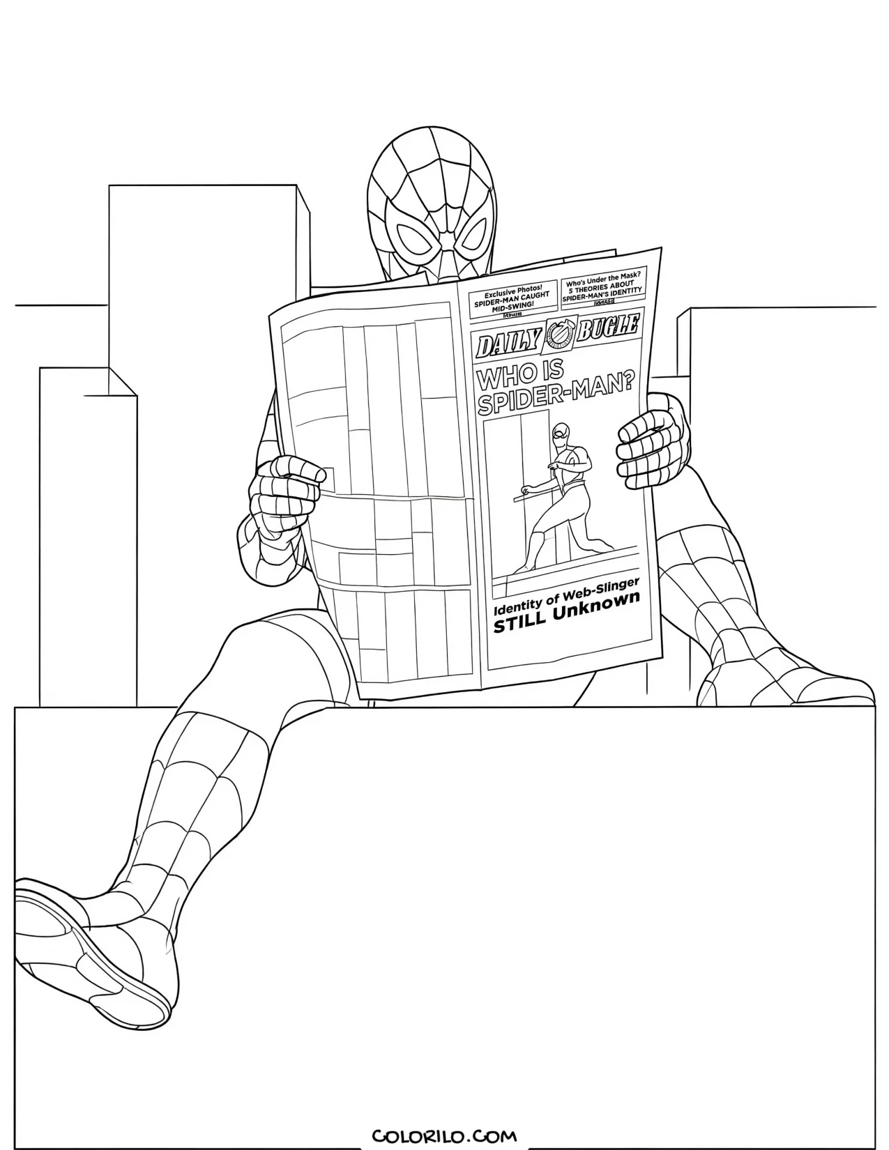 Spider-Man reading a newspaper coloring page