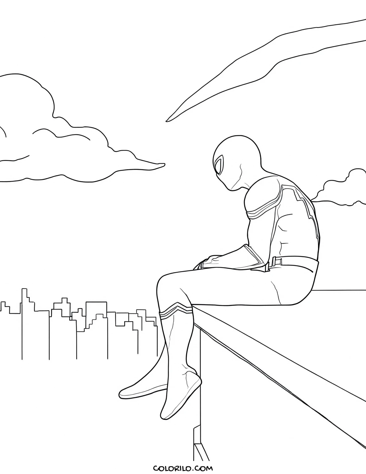 Spider-Man sitting on a rooftop coloring page