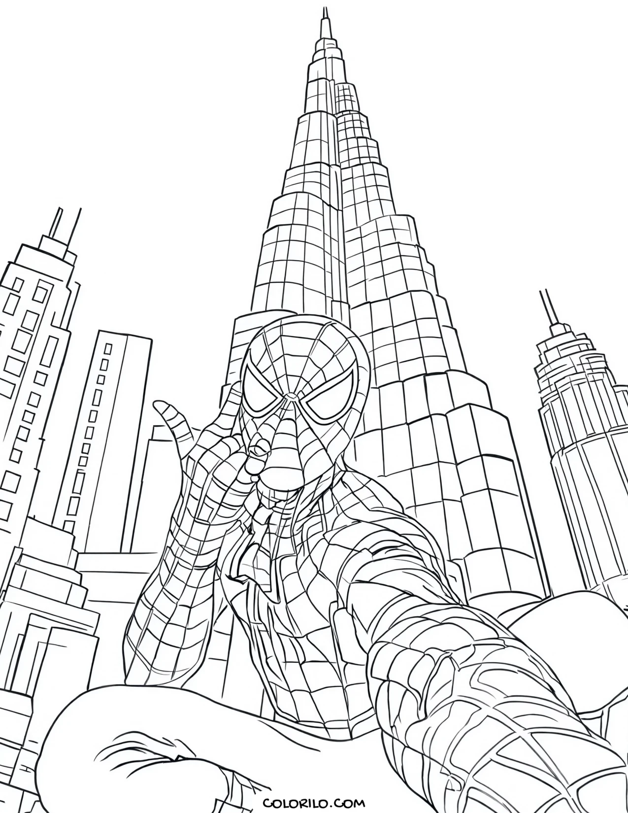 Spider-Man taking a selfie on a skyscraper coloring page