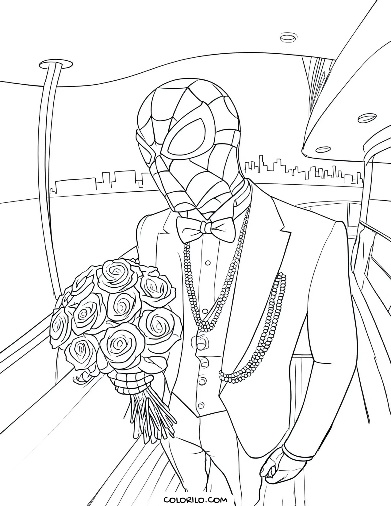 Spider-Man in a tuxedo holding a bouquet coloring page