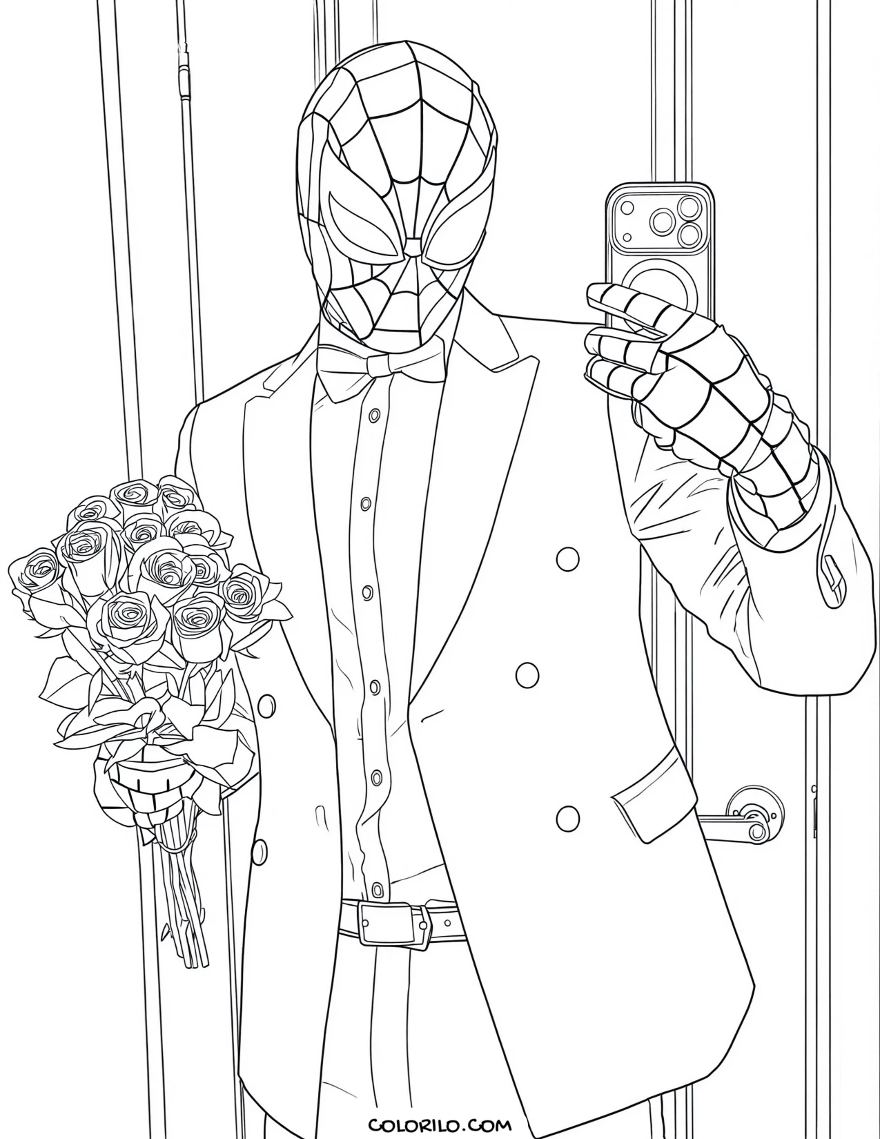 Spider-Man in a tuxedo taking a selfie coloring page
