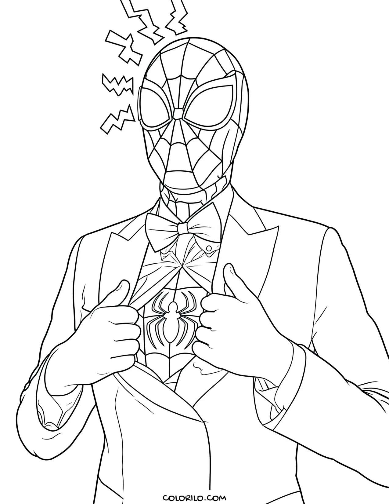 Spider-Man in a tuxedo giving a thumbs up coloring page