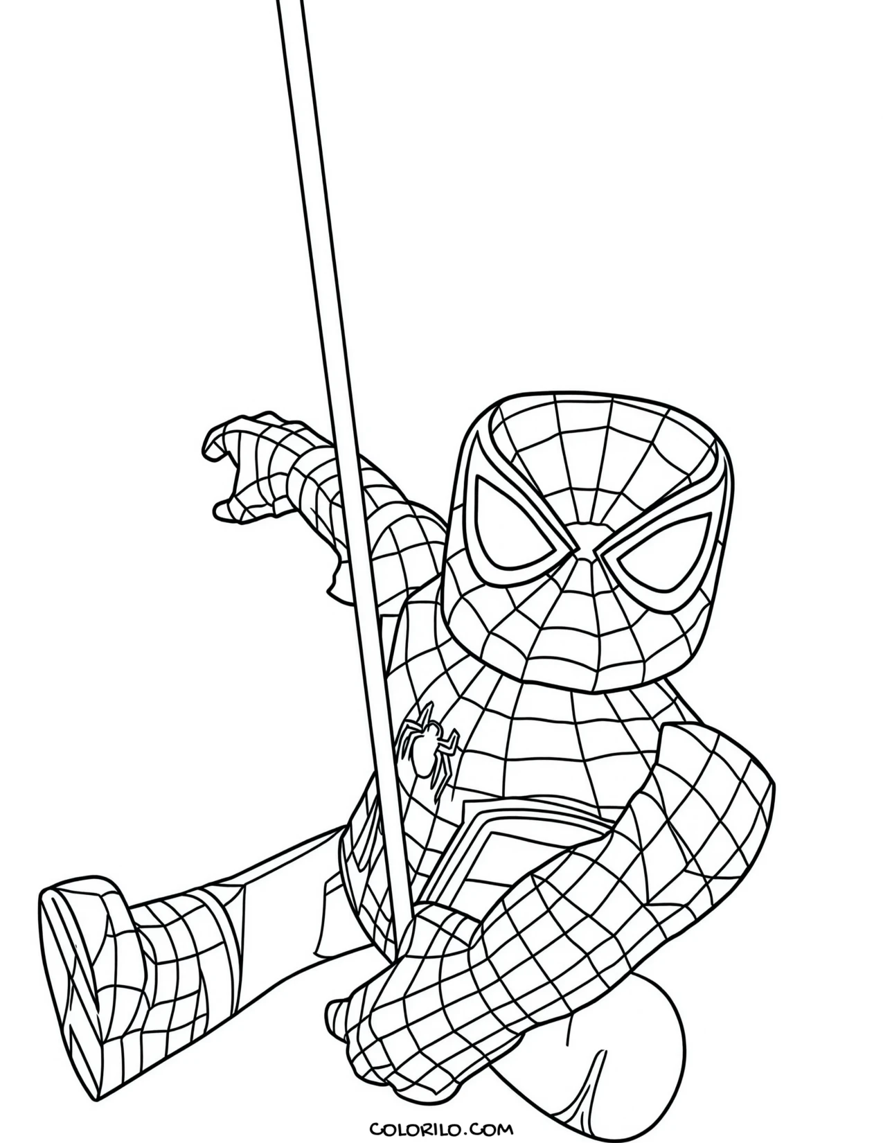 Spider-Man hanging upside down from a web coloring page