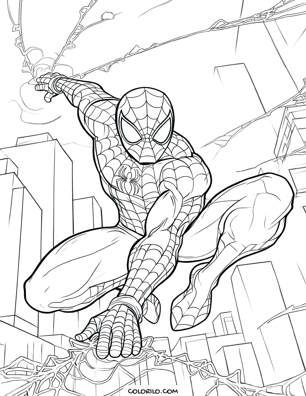 Spider-Man slinging a web coloring page