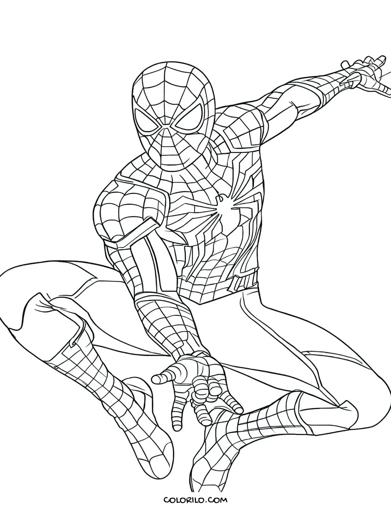 Spider-Man swinging on a web coloring page