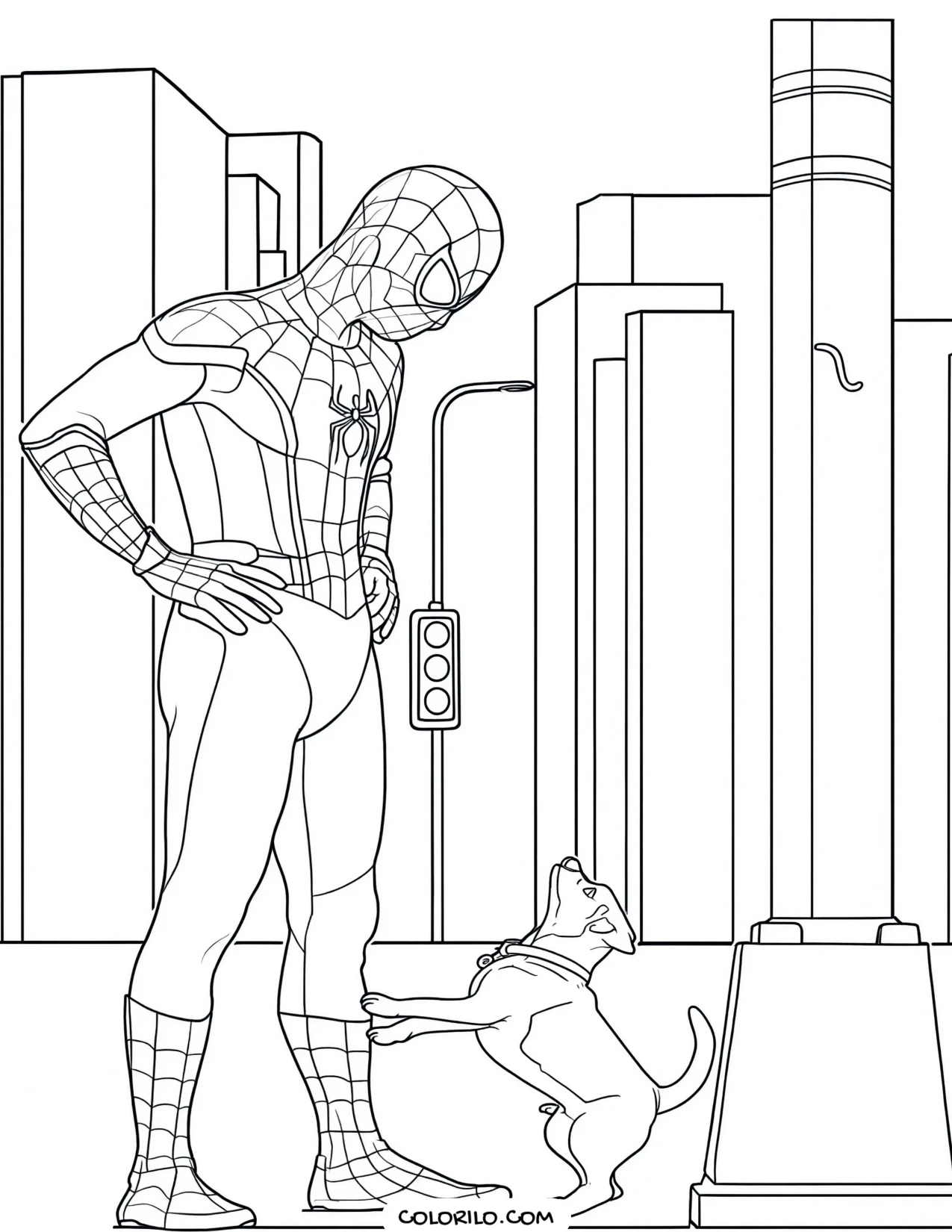 Spider-Man with a dog coloring page