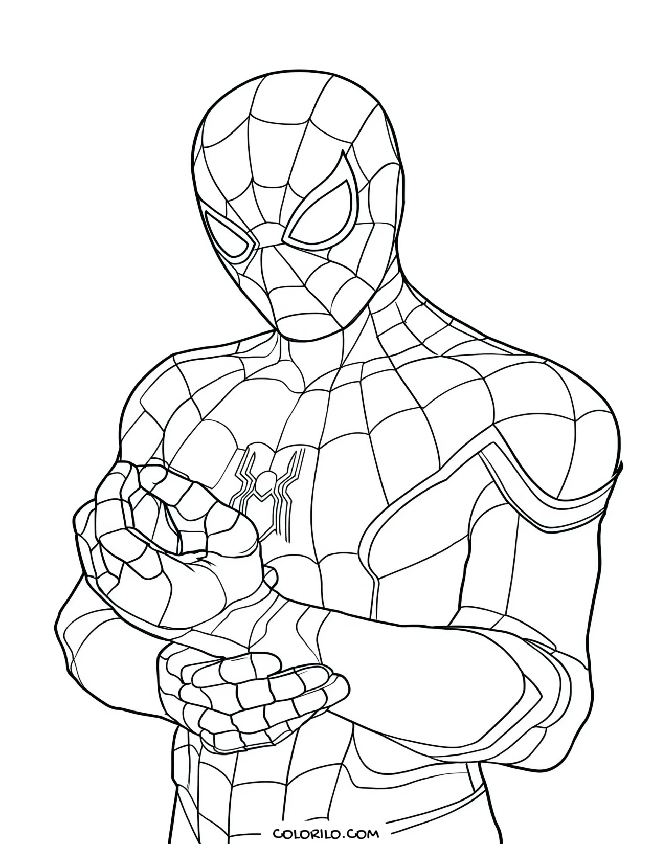 Spider-Man adjusting the web shooter on his wrist coloring page