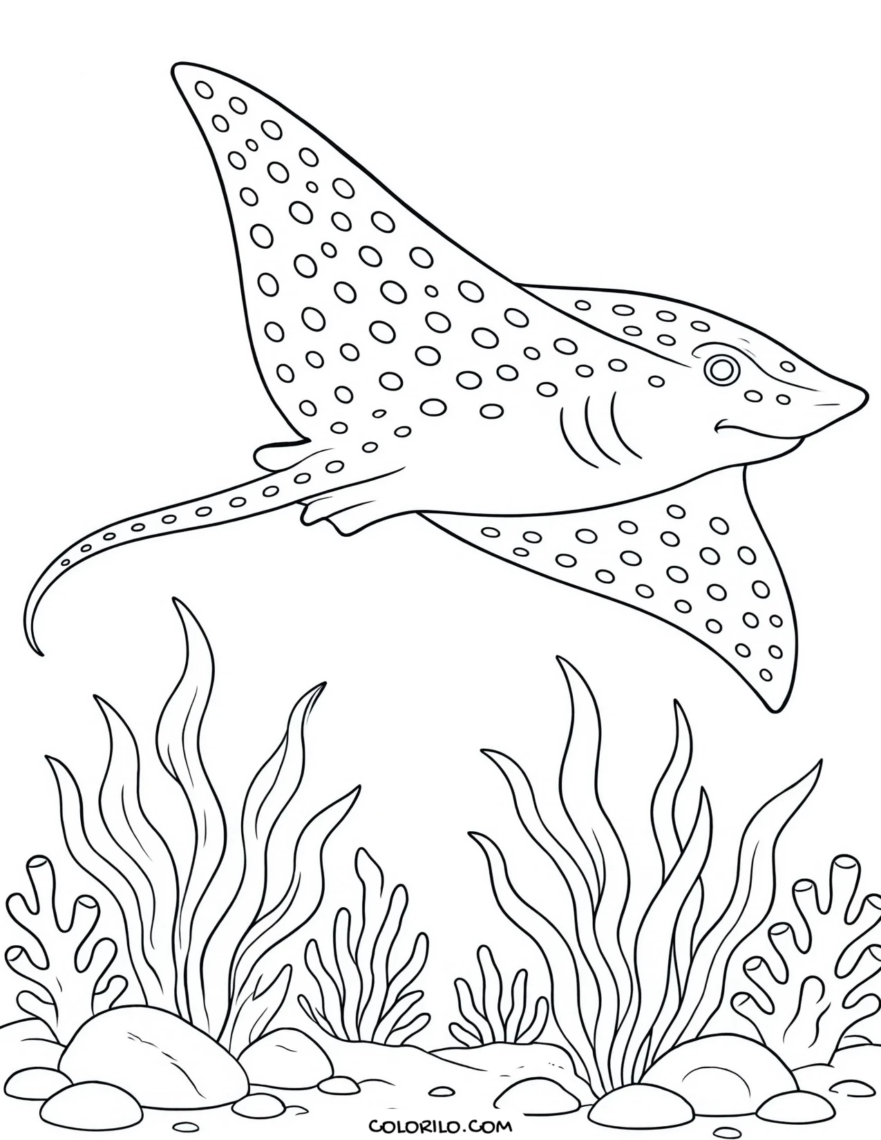 A spotted eagle ray gliding above seagrass coloring page