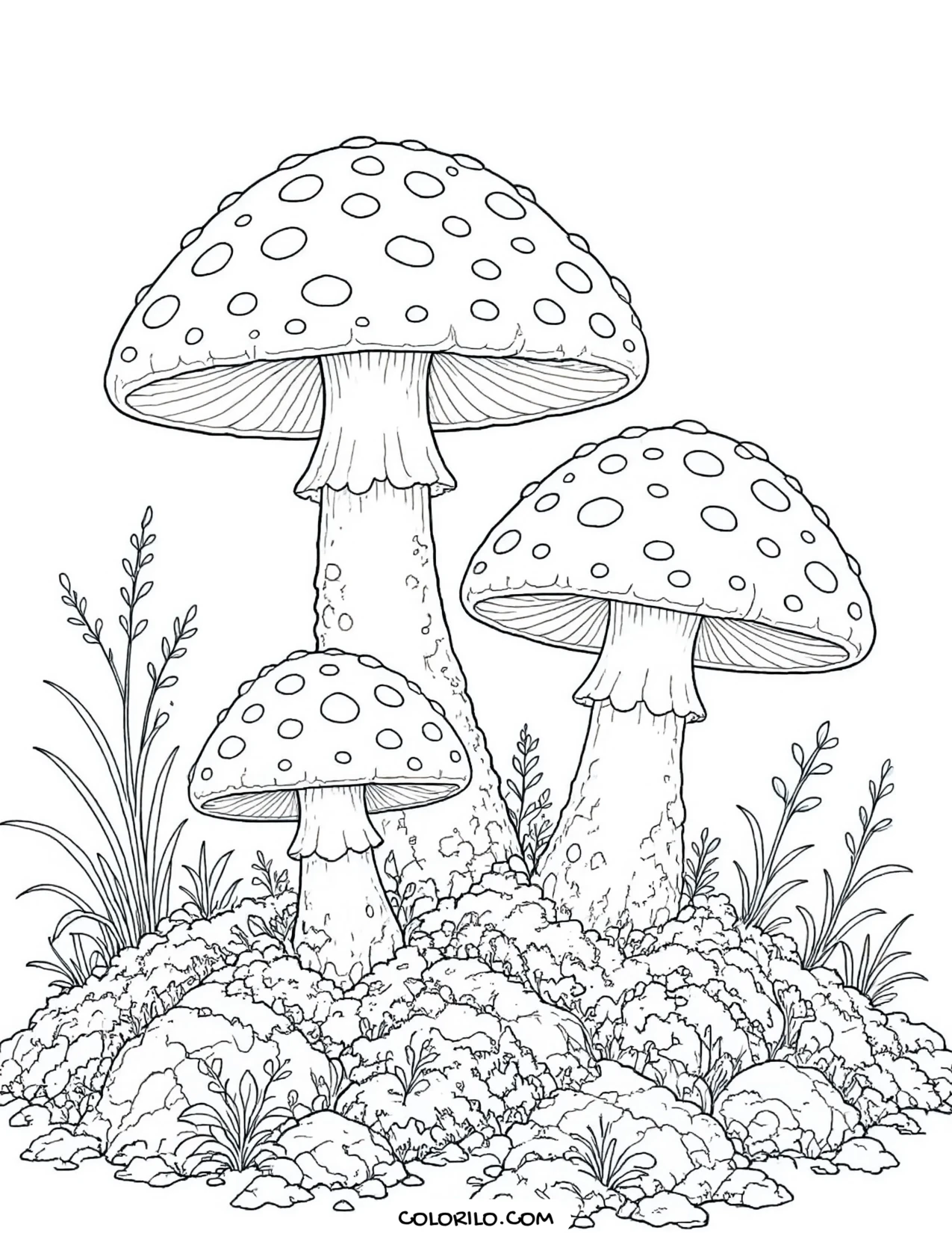 spotted fly agaric mushrooms with round caps coloring page