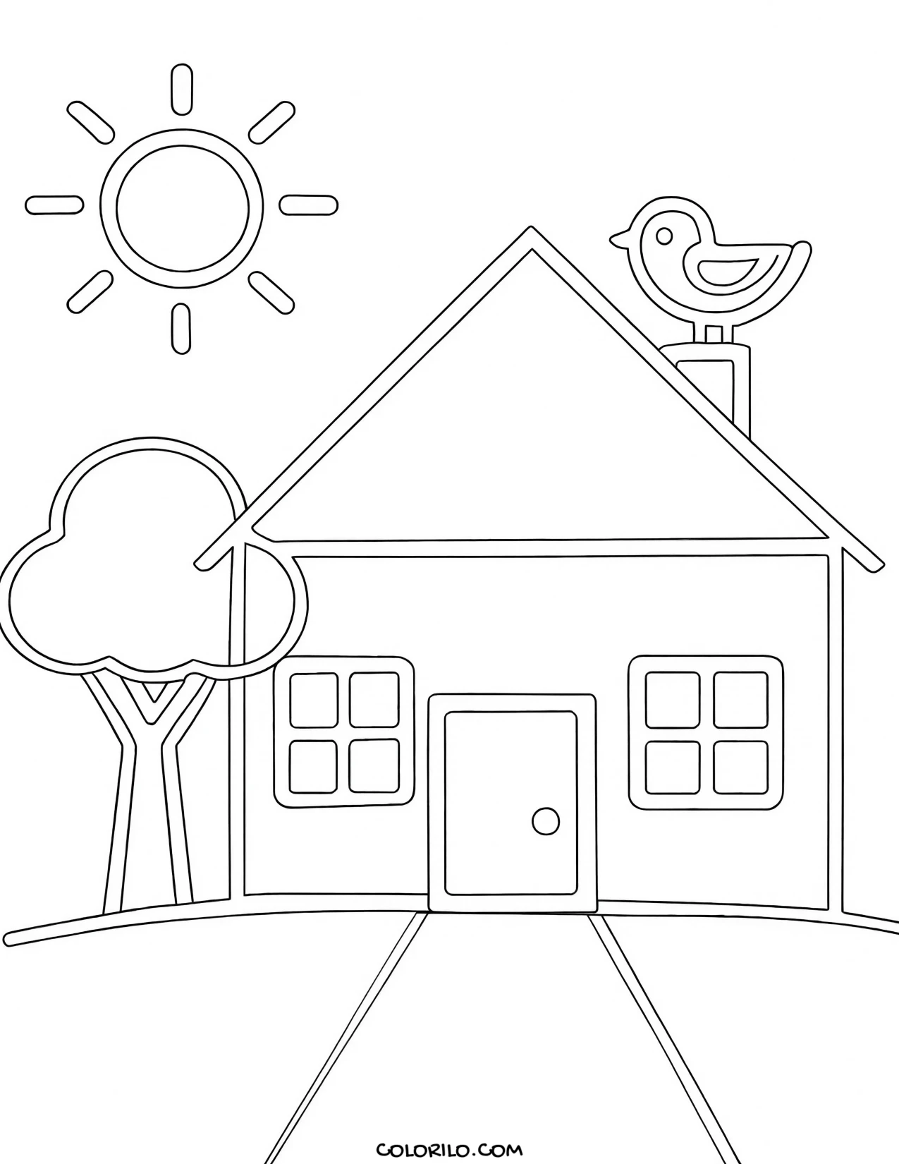 A simple house with a bird perched on the roof coloring page