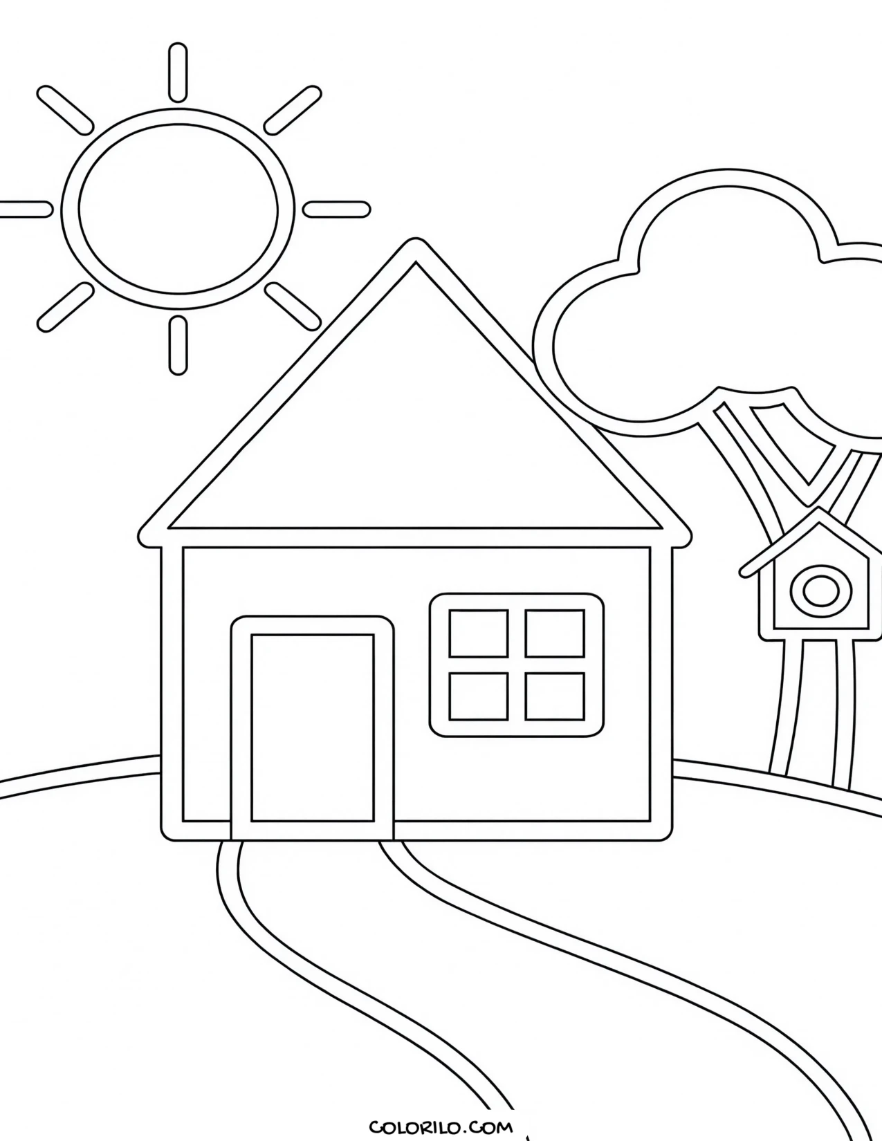 A simple house with a birdhouse in the tree coloring page