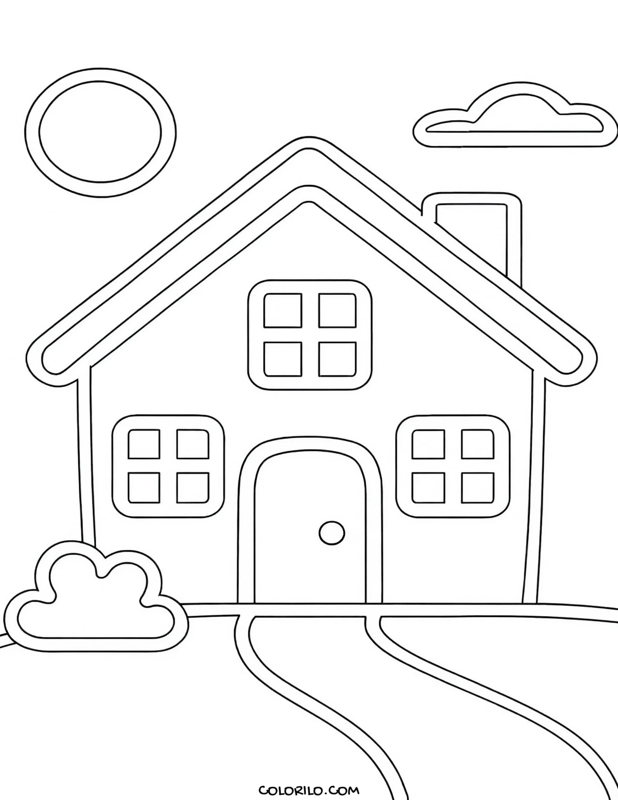 A simple house with a bush beside the path coloring page
