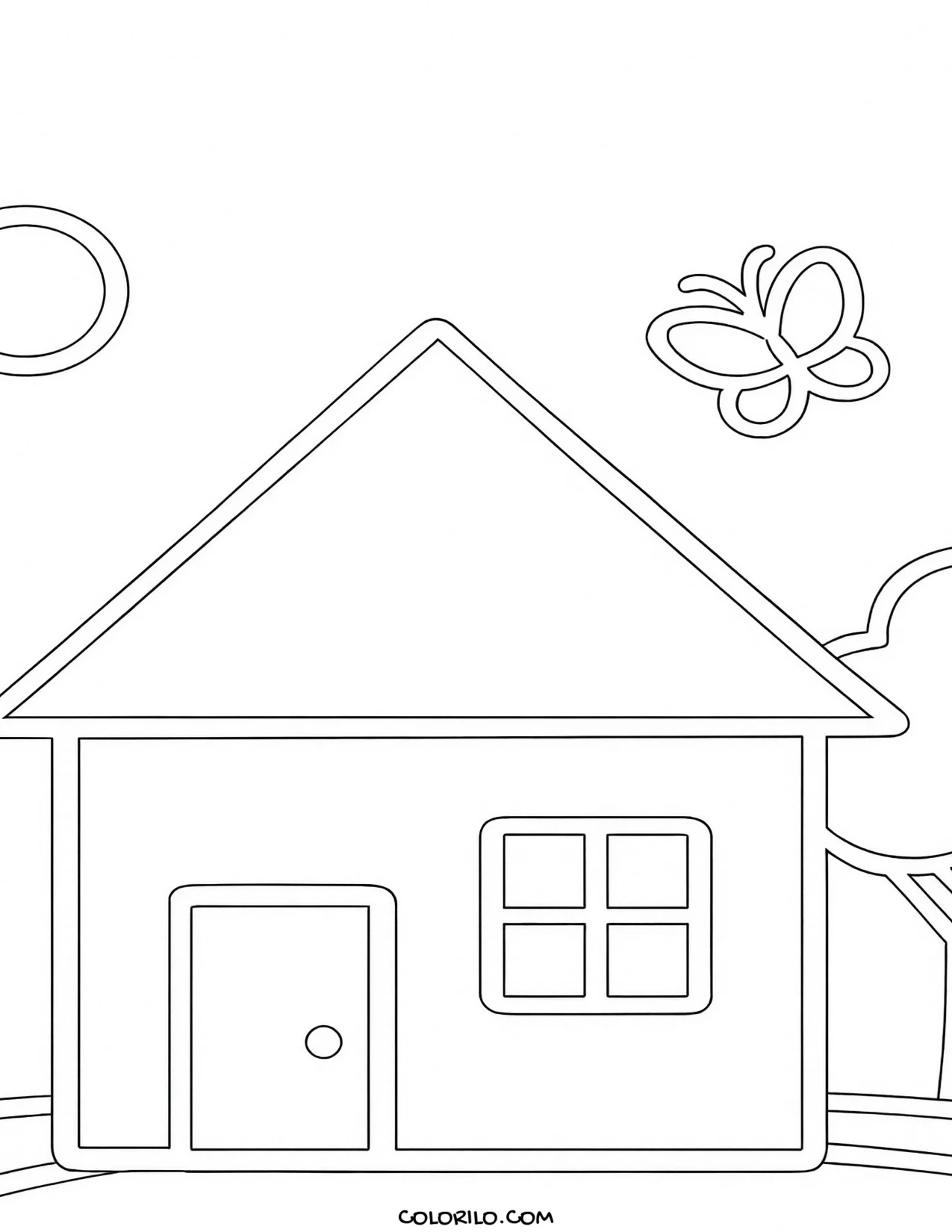 A simple house with a butterfly in the garden coloring page