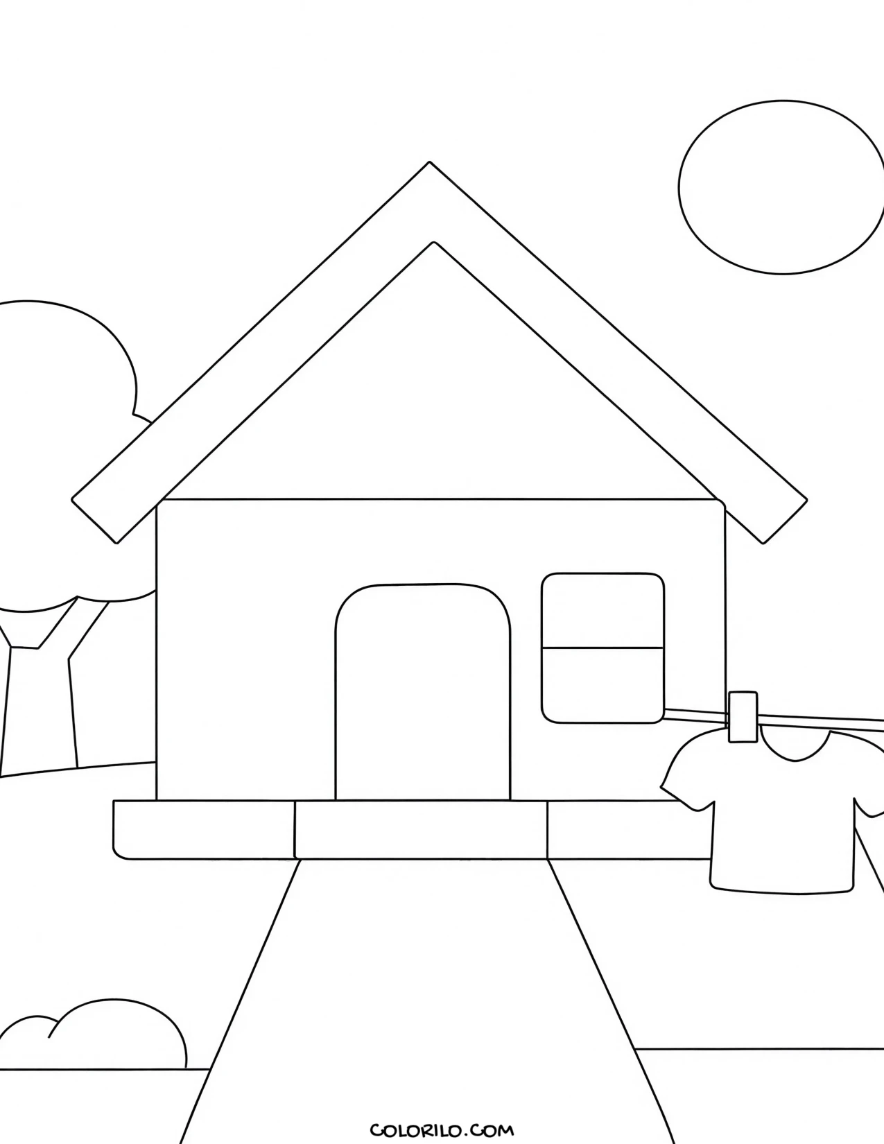 A simple house with washing on the line coloring page