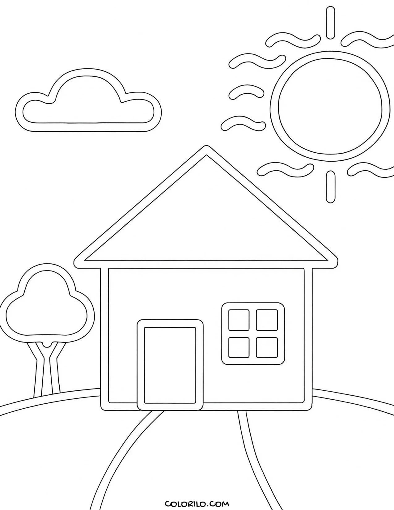 A simple house with a cloud above it coloring page