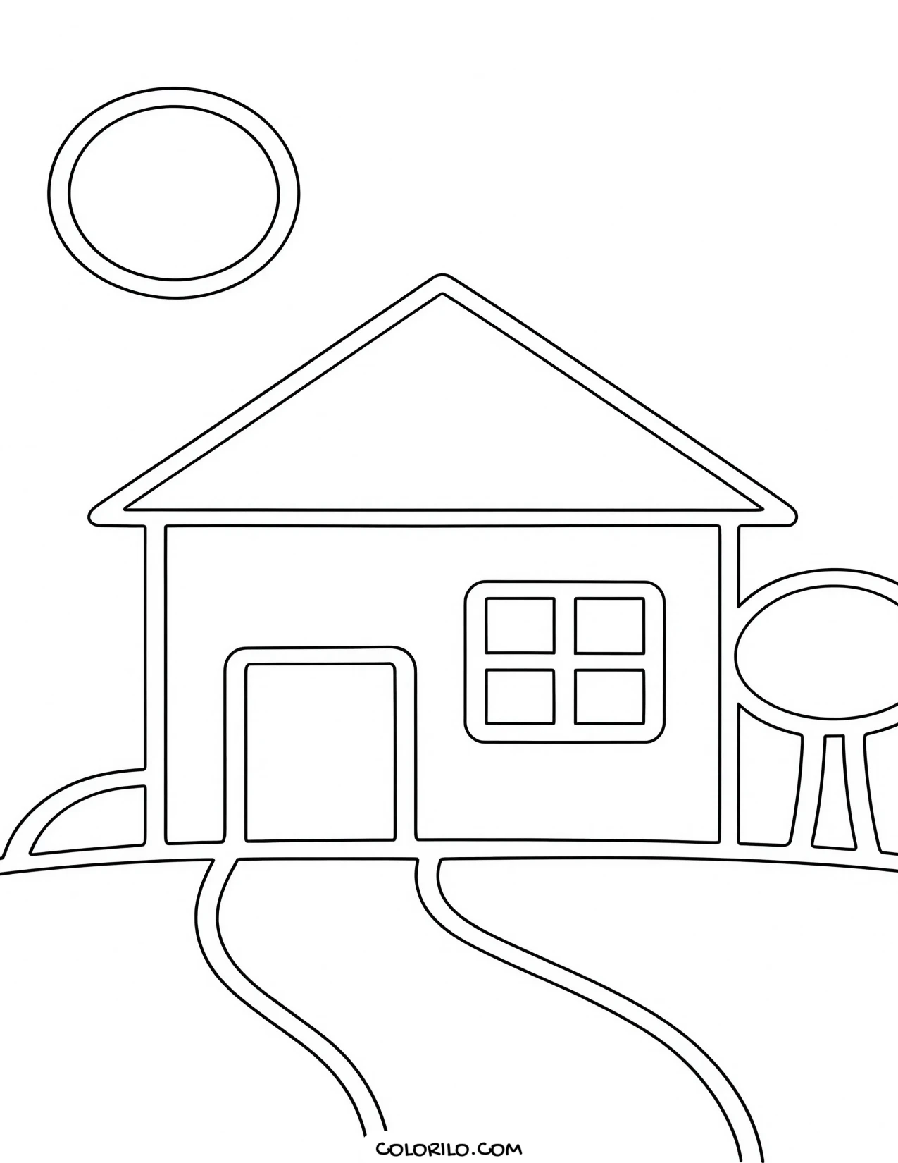 A simple house with a winding path to the door coloring page