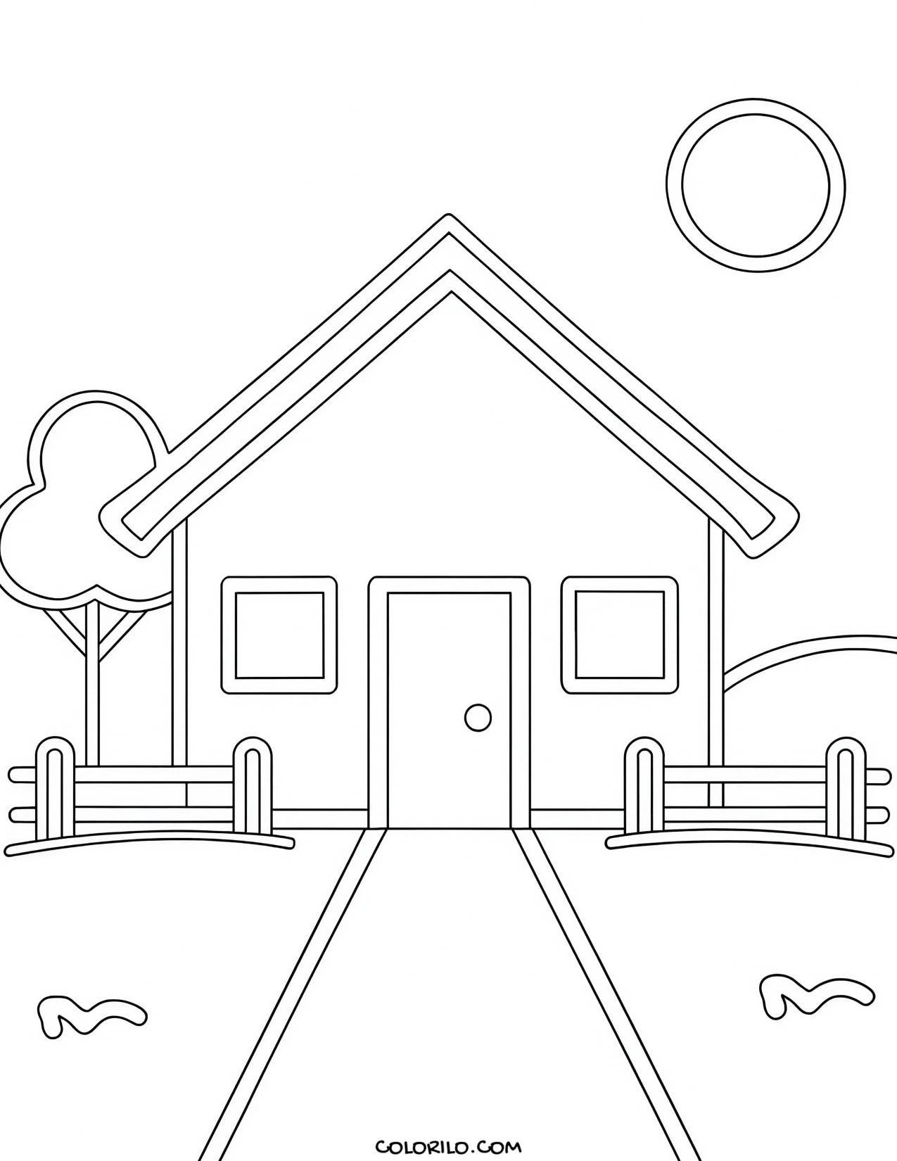 A simple house behind a garden fence coloring page