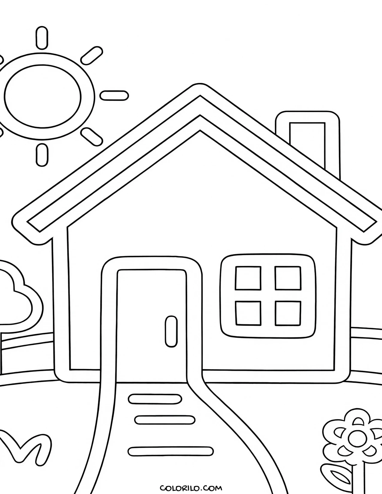 A simple house with flowers along the path coloring page